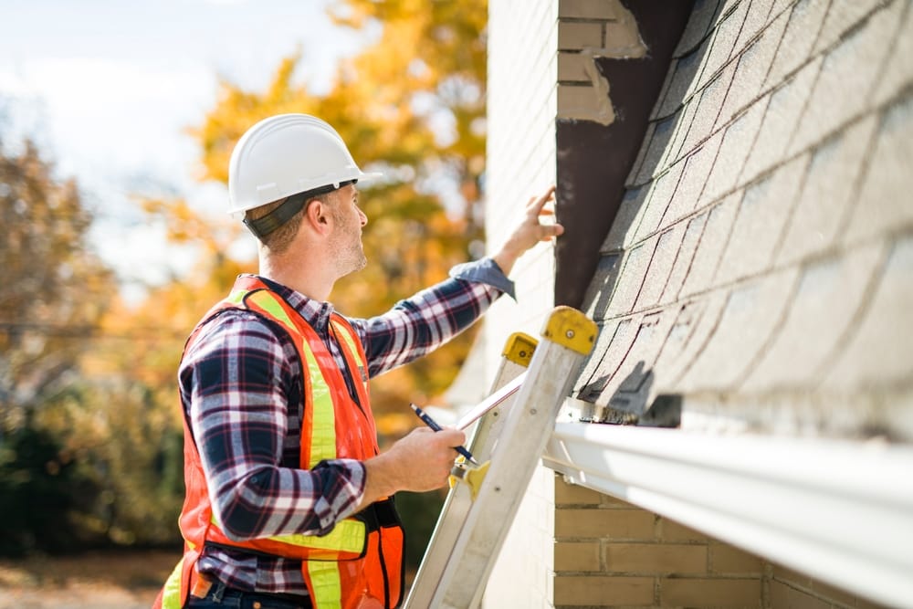 A certified roofing inspector examines shingle damage while standing on a ladder, noting areas needing repair. The fall foliage in the background highlights seasonal roof inspections – Roof Repair in Indianapolis
