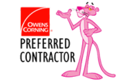 A logo featuring the Owens Corning "Preferred Contractor" text alongside the Pink Panther mascot, pointing with a cheerful expression - Copes R&R Construction A logo featuring the Owens Corning "Preferred Contractor" text alongside the Pink Panther mascot, pointing with a cheerful expression - Copes R&R Construction
